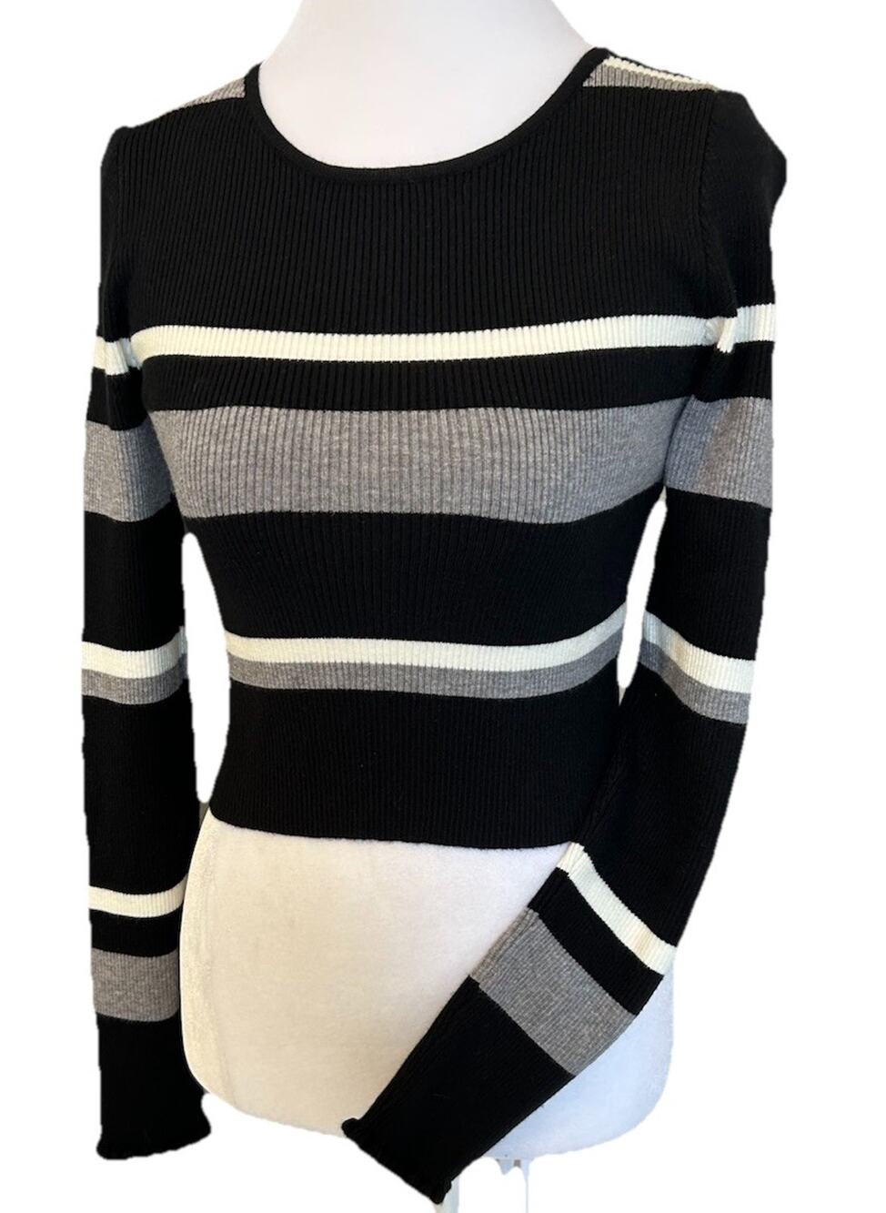Women Knit Striped Cropped Sweater Black Gray Long Sleeve Med Sexy Y2K Style NEW